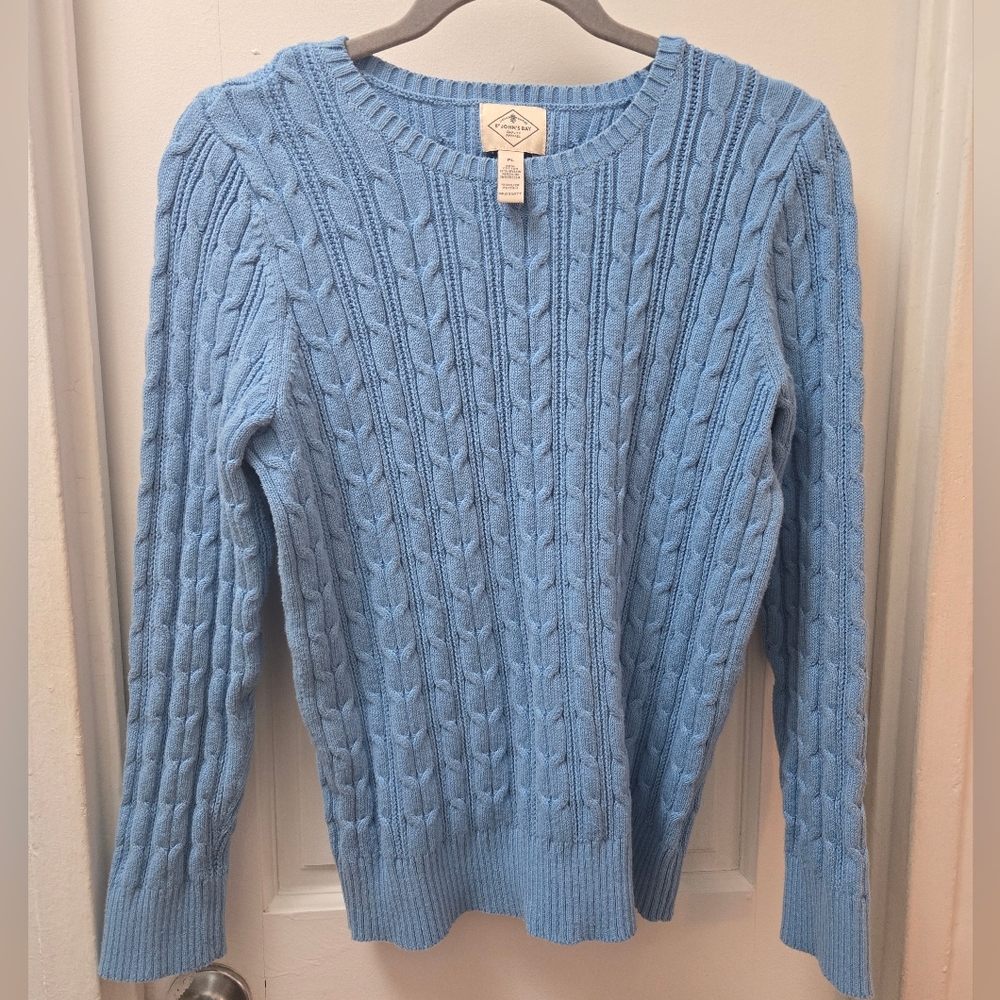 St Johns Bay Blue Cable Knit Crewneck Sweater Petite Large Vintage